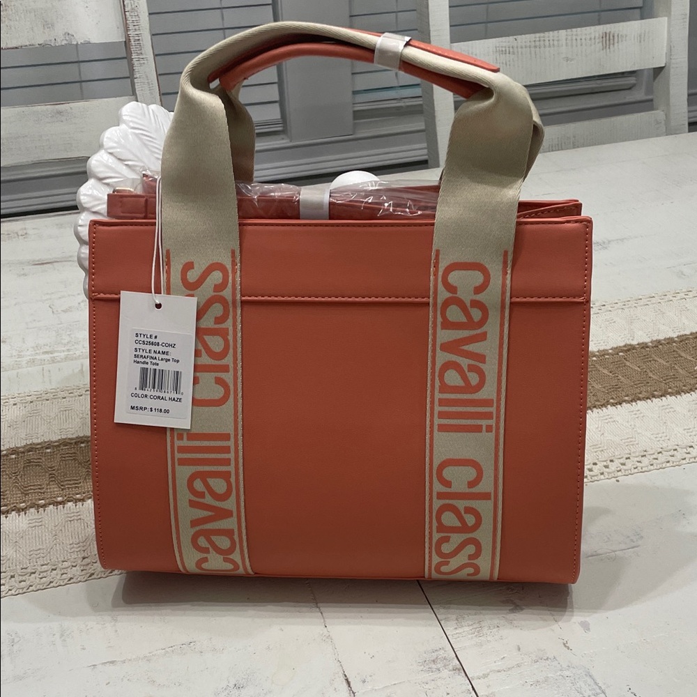 Cavalli Class Coral Tote Bag with Beige Straps